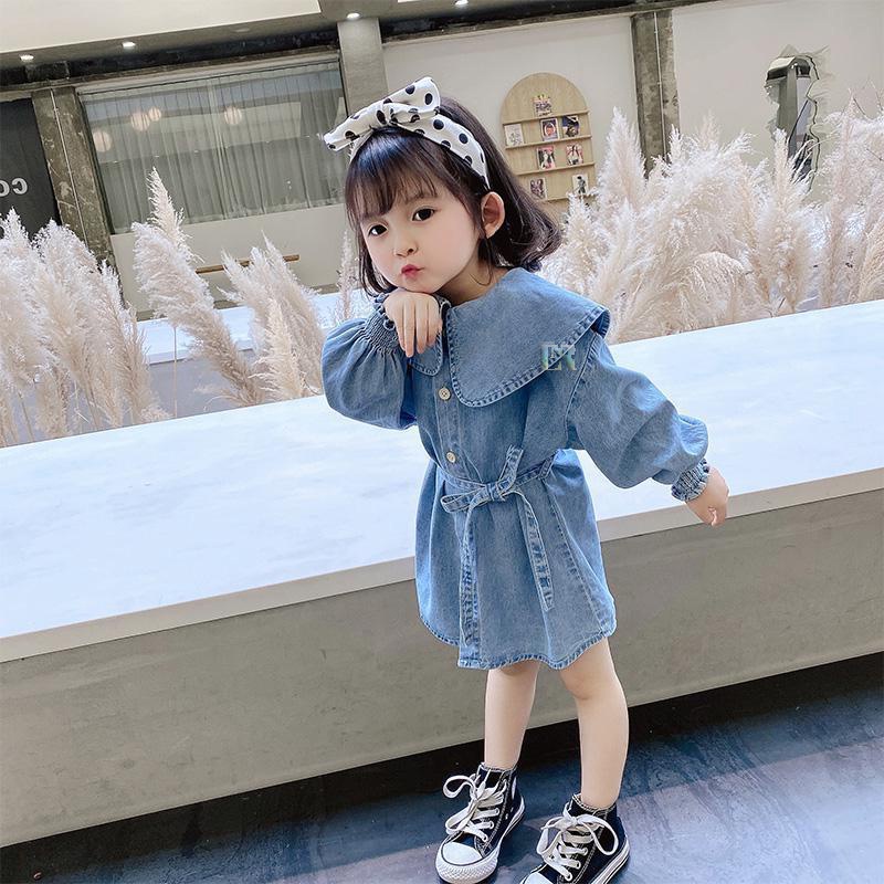 LNR Shop Dress Jeans Musim Semi Untuk Anak Perempuan Gaya Casual Gaun Kemeja Blouse Lengan Panjang 1 Sampai 10 Tahun Musim Gugur Gaun Jeans Anak-anak Perempuan Pakaian Denim Gadis Remaja Gaun Anak Perempuan Midi Dress Selutut