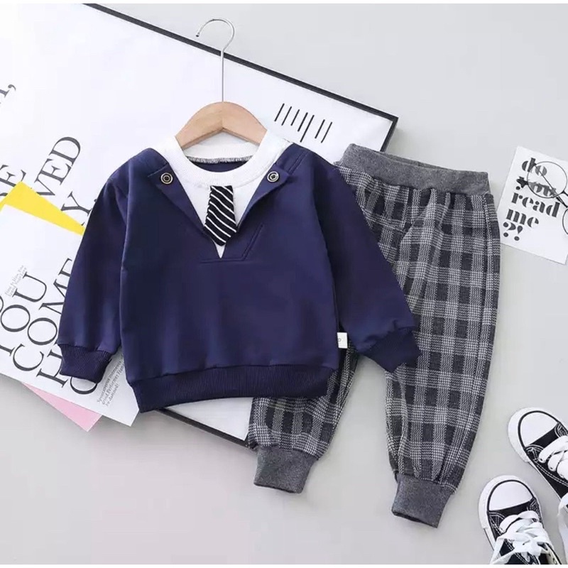 NEW FASHION SETELAN SWEATER CARIDGAN KOREA BAYI ANAK MOTIF TARTAN DASI USIA 6 BULAN-5 TAHUN BAHAN BABYTERRY TERBARU TERMURAH (UNISEX)/ FASHION SETELAN SWEATER CARIDGAN KOREA BAYI ANAK LAKI-LAKI/ FASHION SETELAN SWEATER CARIDGAN KOREA BAYI ANAK PEREMPUAN