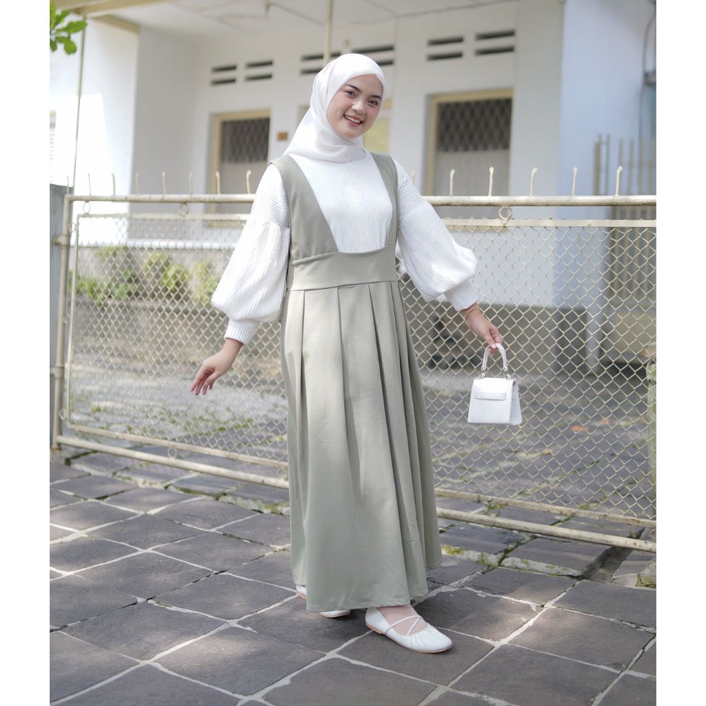 Hapsari - Shanum Basic Overall Dress Sage Green | Pleats Skirt Daily Muslim Korean Street Style Polo