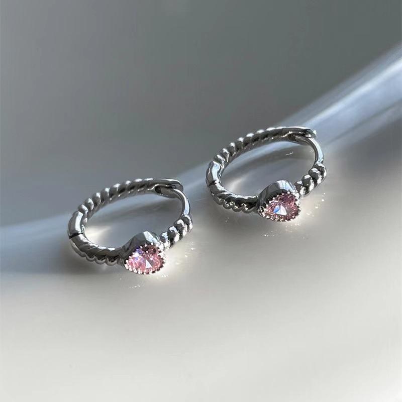 AY(CN) Anting Bentuk Hati Kristal Pink Anting Hoop Korea Silver Untuk Aksesoris Perhiasan Wanita