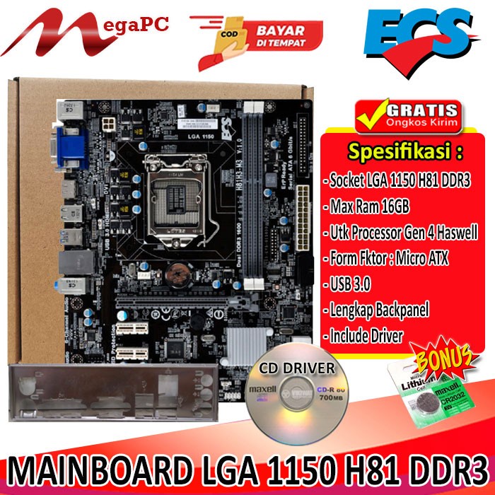 Promo Motherboard LGA 1150 H81 ECS DDR3 USB 3.0 Bonus Pasta Dan CMOS