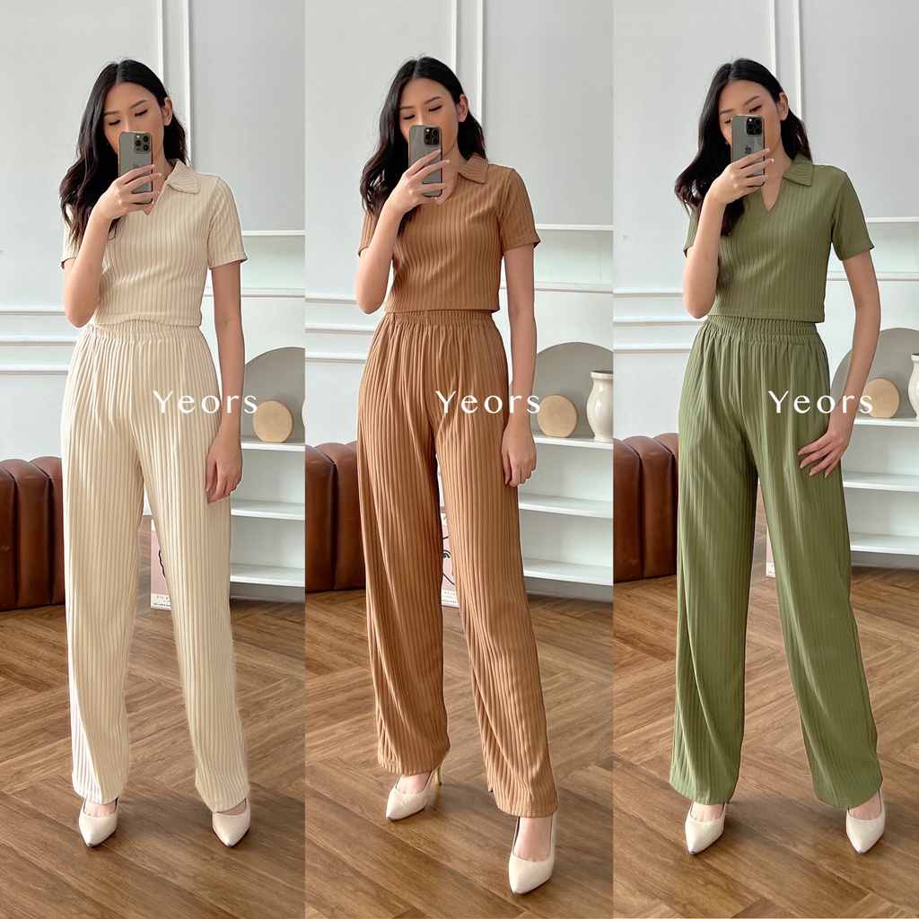 Yeors - Rib Knit Sierra Set Crop Korean Polo Top and Pants Rib Knit Premium  - Baju Atasan dan Celana Wanita Murah Berkualitas - Korean Loose Pants Trousers Wanita - Loungewear - Setelan Baju Wanita - Women Top Knitwear -  Crop Top Murah