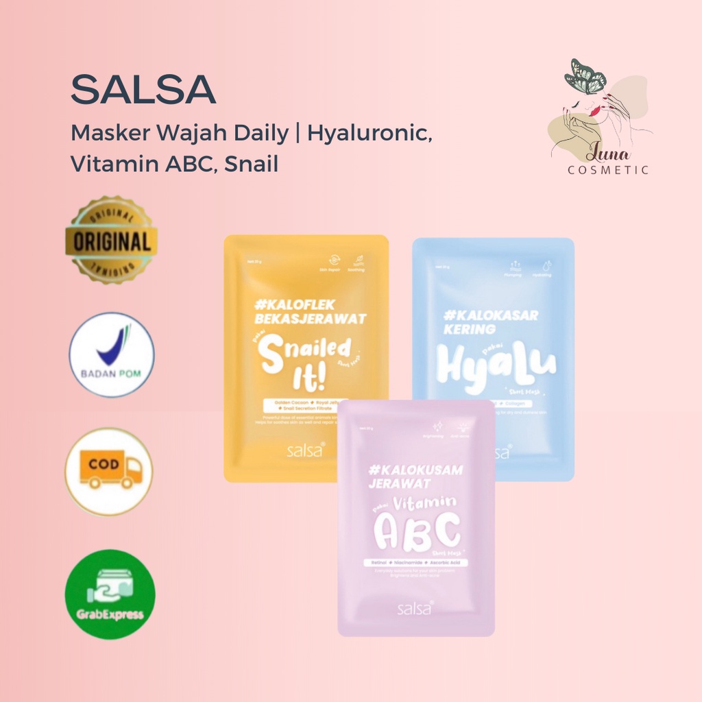 SALSA Sheet Mask 20g | Masker Wajah Daily (Hyaluronic, Niacinamide, Snail) | BPOM