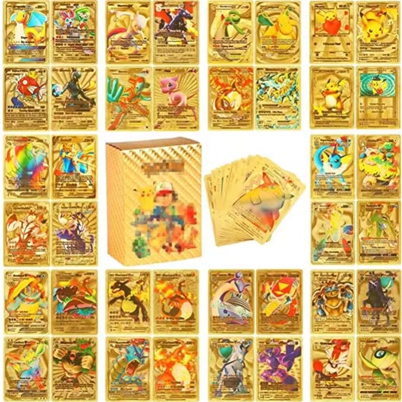 110pcs /Box Kartu Pokemon Emas Logam Inggris Anime Charizard Pikachu Trainer Card Koleksi Game Battle Booster Mainan