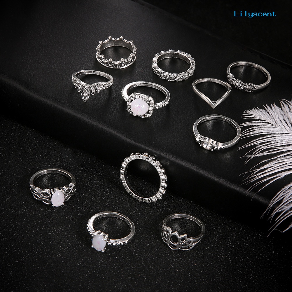 [LS]11Pcs Set Perhiasan Wanita Faux Opal Berlian Imitasi Knuckle Susun Bersama Rings Band