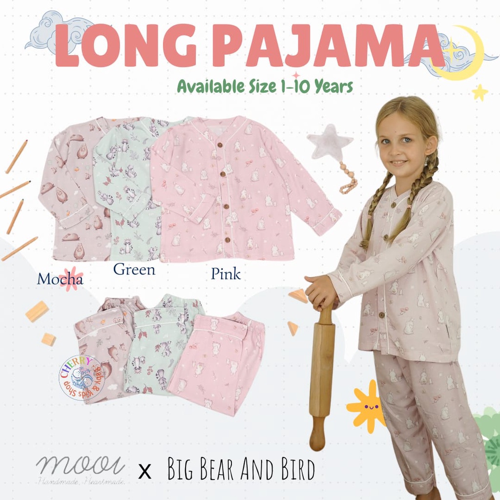 Mooi Big Bear &amp; Bird 1-10 Tahun Piyama Panjang Motif Anak Pastel Series CBKS S23