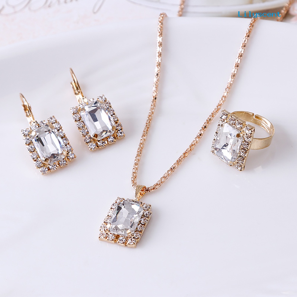 [LS] Set Perhiasan Fashion Wanita Perjamuan Pesta Pernikahan Kalung Anting Cincin Jari