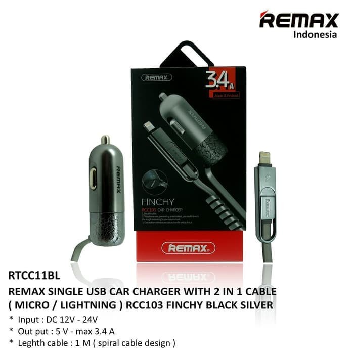 Car Charger REMAX Single USB With 2 in 1 Cable 3.4A Finchy series -