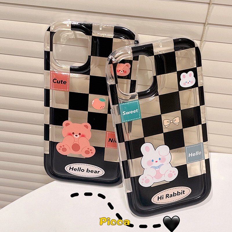 IPHONE Casing Pasangan Beruang Kelinci Lucu Kotak-Kotak Kompatibel Untuk Iphone11 14 13 12 Pro MAX 7Plus 8Plus XR 78 6 6S Plus X XS MAX Shockproof Airbag Casing Soft TPU Lovers Phone Case