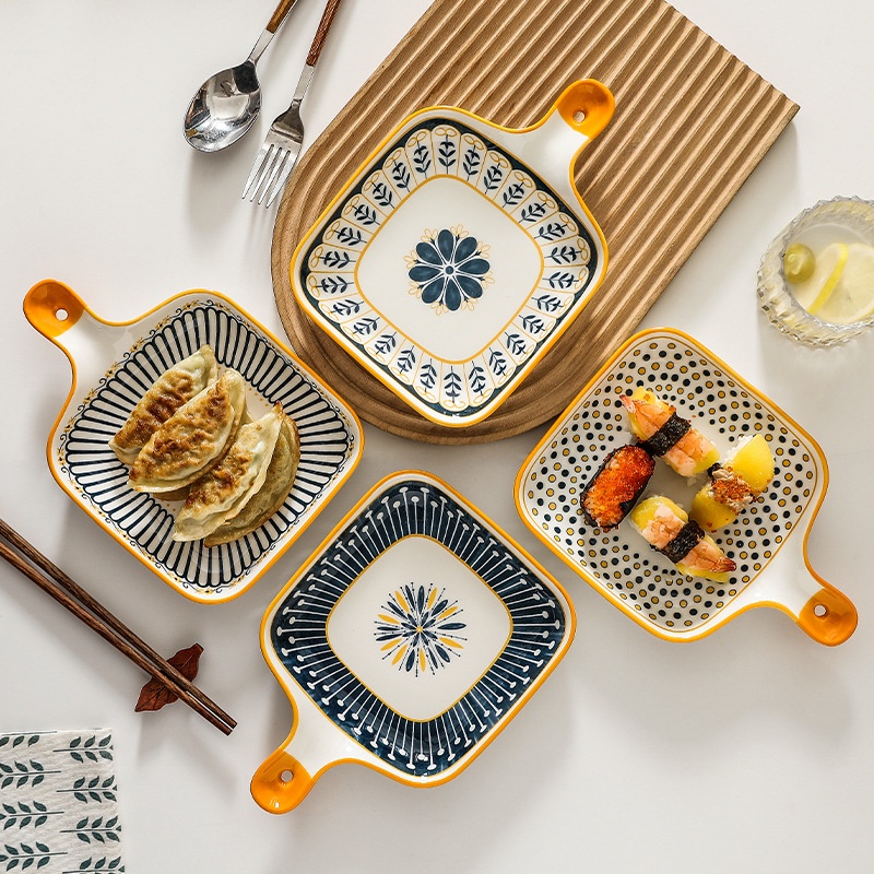 [Casa De Luxo] Piring Keramik Gagang Motif BLUE FLOWER SERIES Tahan Panas & Mircrowave Safe / Piring