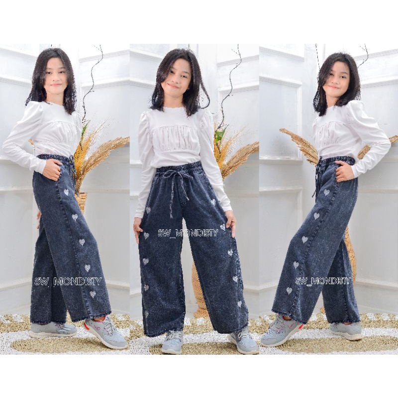 Kulot Panjang Anak Perempuan Celana Jeans Snow Wash Highwaist Motif Bordir Love Premium Import Rawis