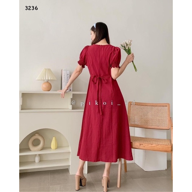 Dress wanita merah natal / dress imlek korea cewe merah v neck katun linen korean minimalis 3236