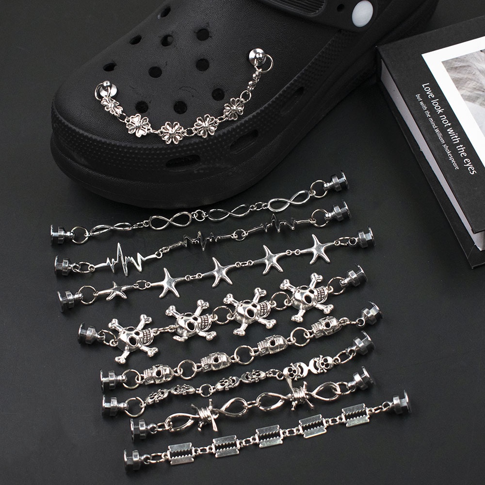 1 Pcs Crocs Jibbitz Baru Logam Rantai Sepatu Tengkorak Ins Punk Rantai Aksesoris Diy