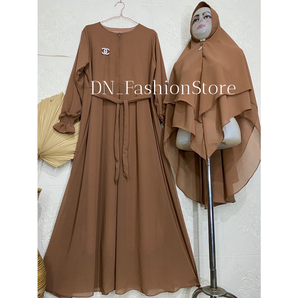 Gamis Ceruty Babydoll Polos Set Jilbab Free Bros Bahu / Tangan karet Busui Friendly