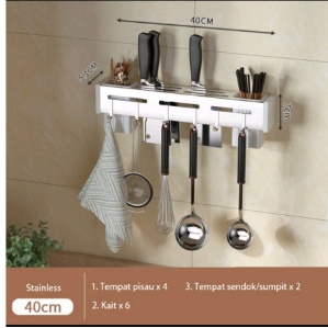 Rak Dinding Dapur Stainless Steel Tempat Taruh Sendok Garpu Pisau 40cm Silver