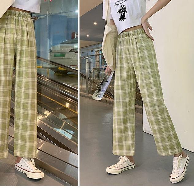 ░☺░  Celana Kotak Kotak Wanita Celana Highwaist Wanita Kulot Celana Korea Pinggang Elastis Celana Ta