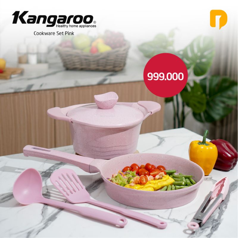 Panci Marble Kangaroo cookware pink set anti lengket