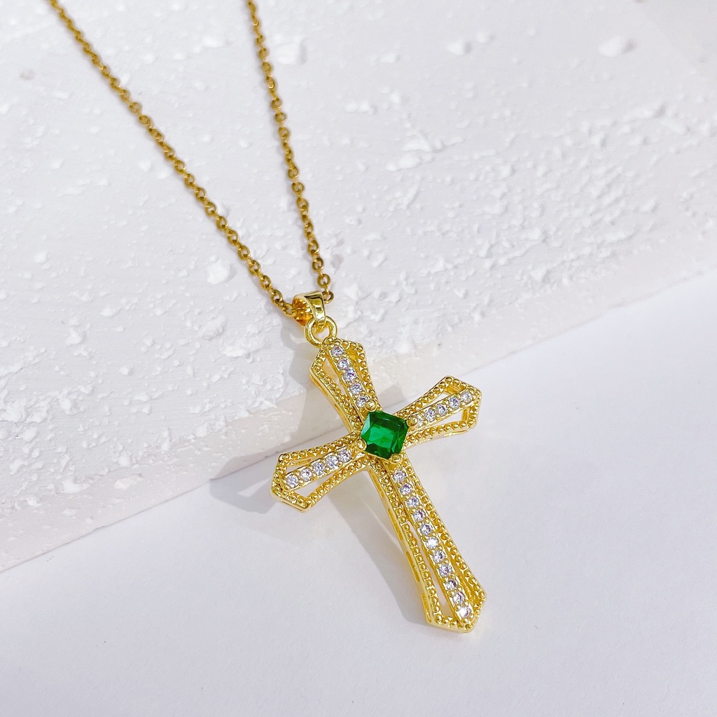 Kalung Rantai Emas 18k Liontin Salib Aksen Kristal Zircon Gaya Punk Untuk Wanita