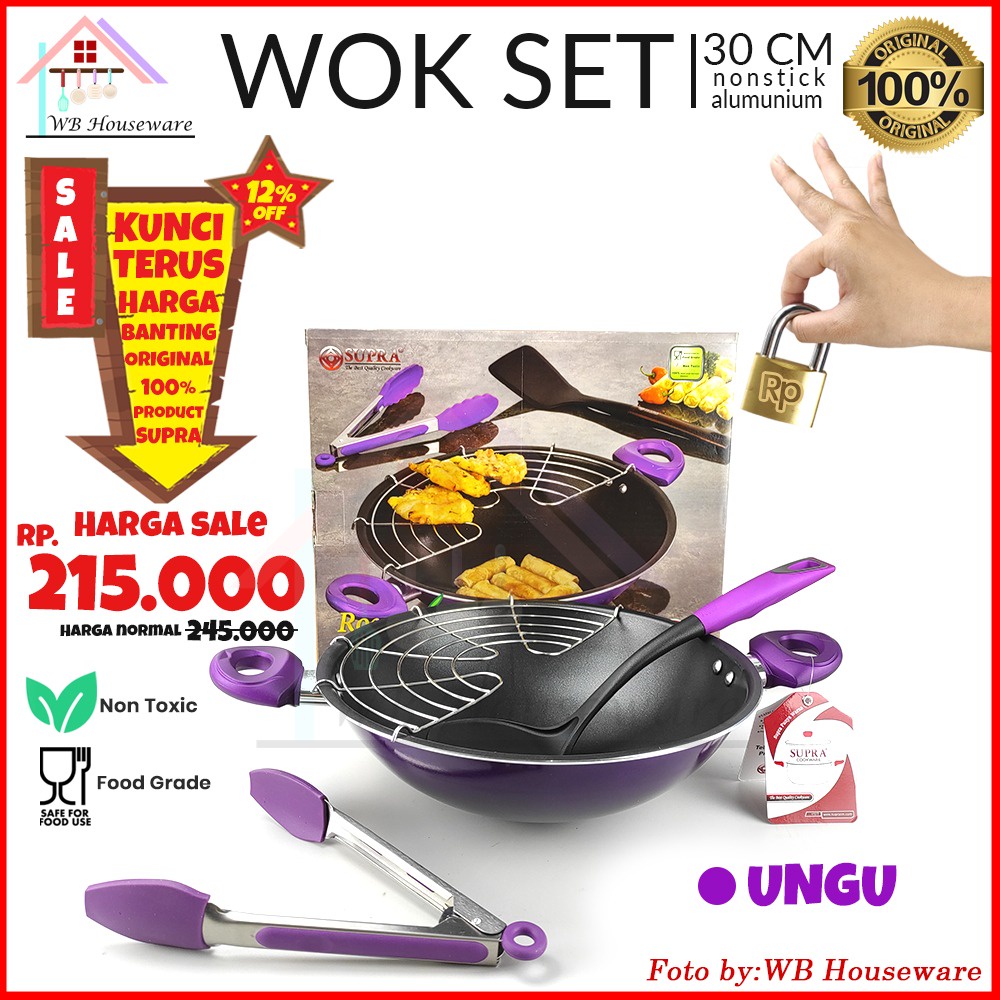 Wajan Tempura / Wajan set aluminium teflon / wok set 30cm SUPRA - ungu