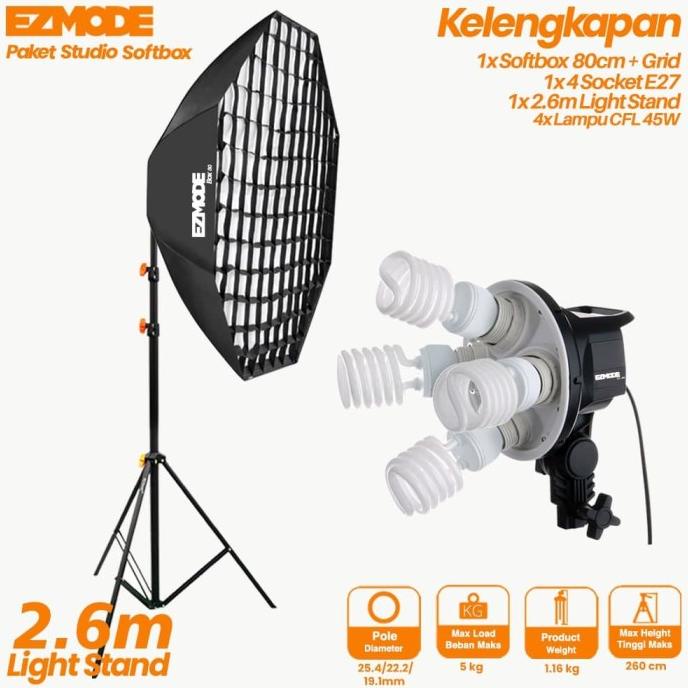 EZMODE Studio Lighting Stand 4 Lamp + 4 Socket Octagon Softbox 80cm