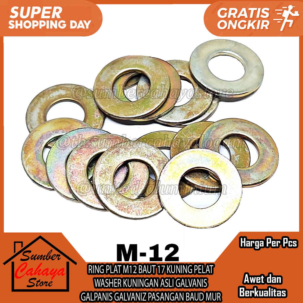 RING PLAT M12 BAUT 17 PER PCS KUNING PELAT WASHER KUNINGAN ASLI GALVANIS GALPANIS GALVANIZ PASANGAN 