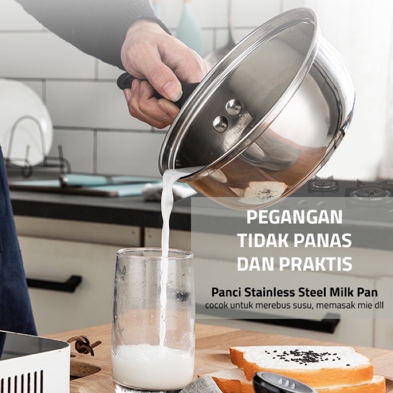 Panci Susu Stainless Steel Dengan Tutup Kaca 20CM - Milk Pot Gagang Panjang - Soup Pot Stainless Hiqh Quality