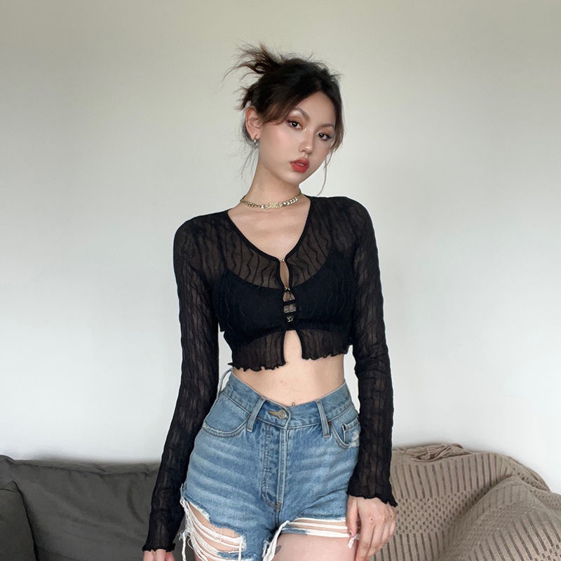 ◇☏✿Suhao Sisjune Eropa dan Amerika Hot Girls Seksi Mesh Lengan Panjang T-shirt Wanita In All-Match Tombol Slim fit Slim Cardigan Top