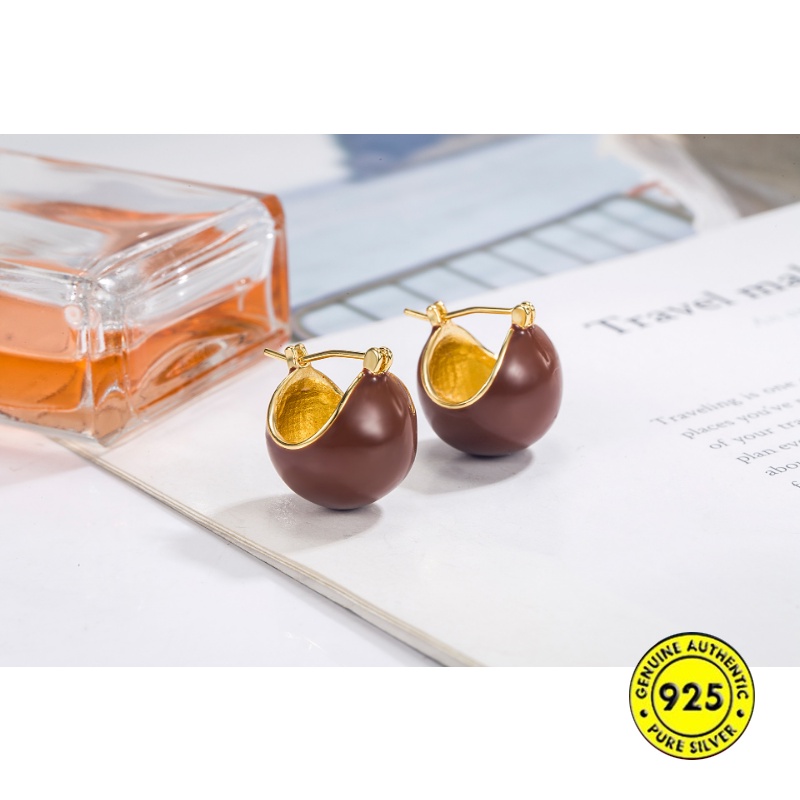 Anting Bola Seri Warna Kopi Karamel Temperamen Retro Wanita Musim Gugur/Dingin Anting U1450