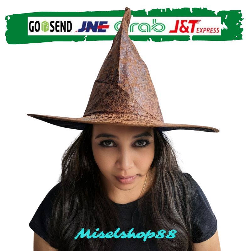 topi nenek sihir coklat premium motif kulit