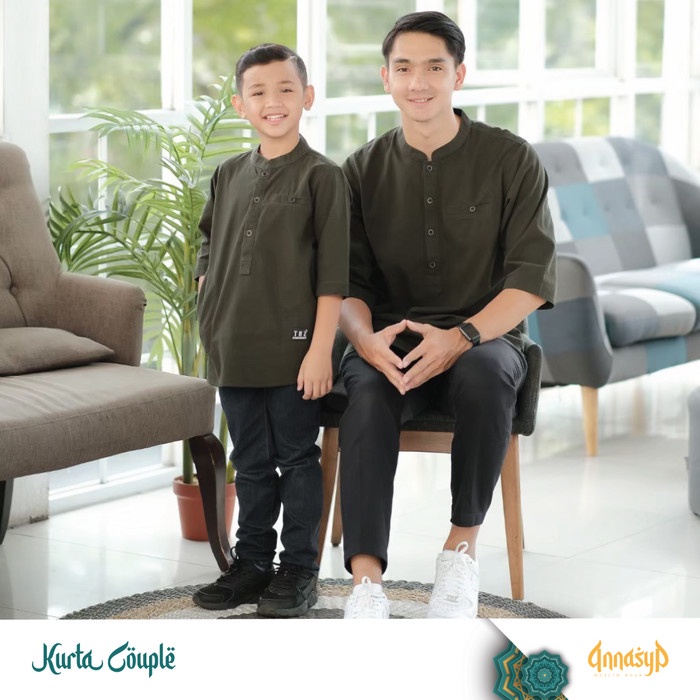 {FamilyStore} baju kurta pria anak couple lengan pendek muslim pakistan koko terkini - army Berkuali