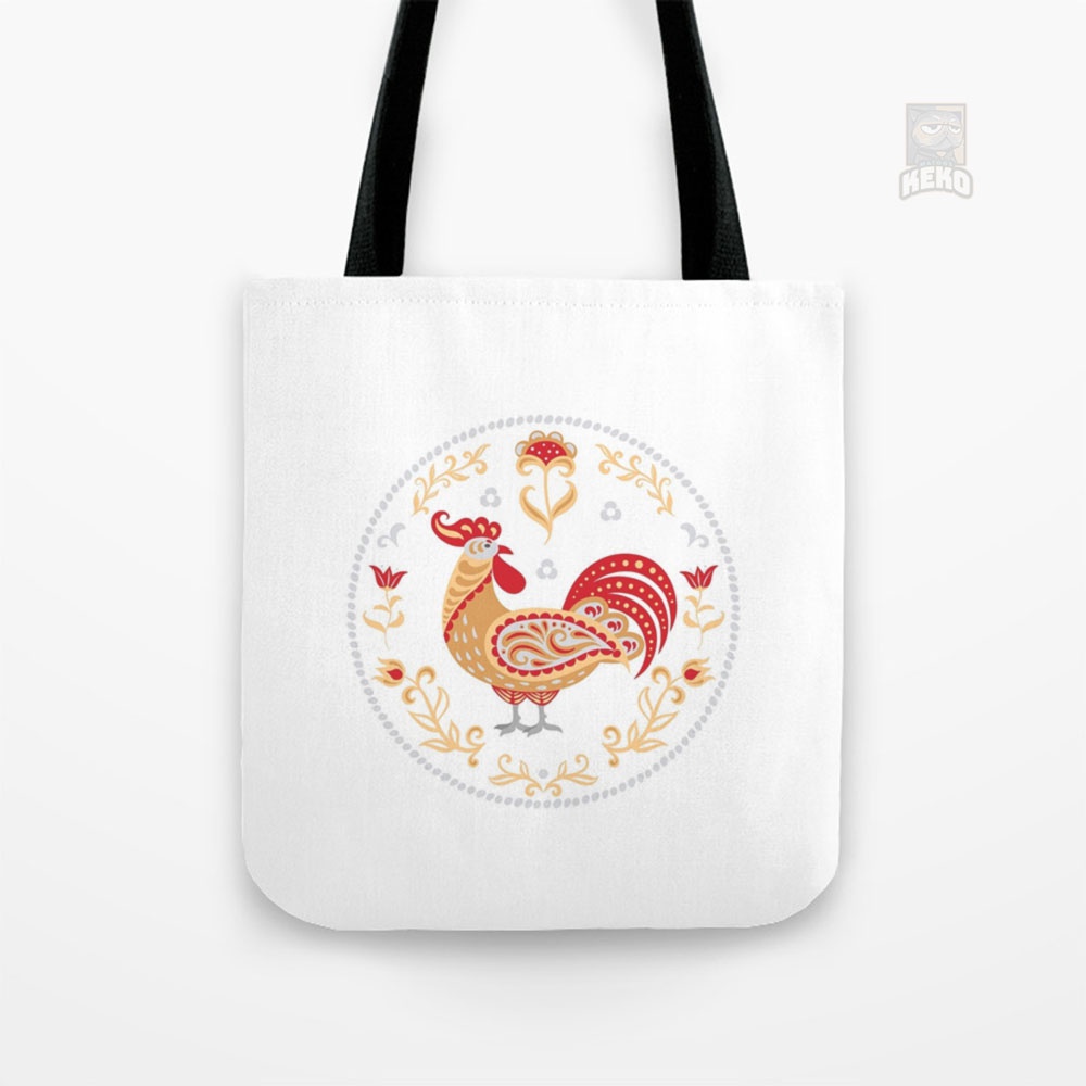 Tote Bag Kanvas Rooster in a round patterned frame of flowers