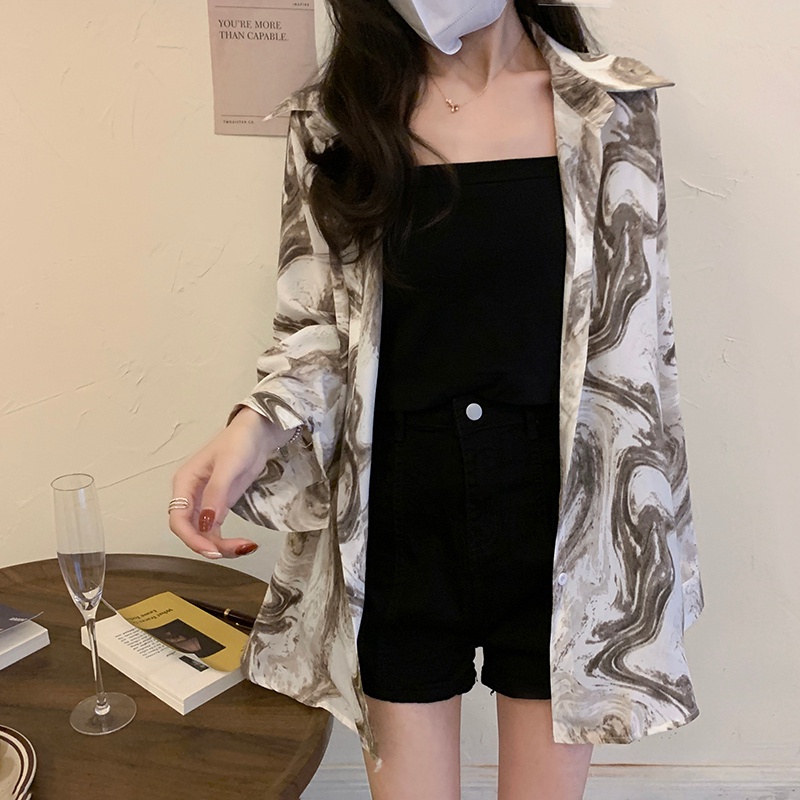 MOOGU ♡ Kemeja korea blouse wanita cetak bunga vintage shirt （Dua kantong）