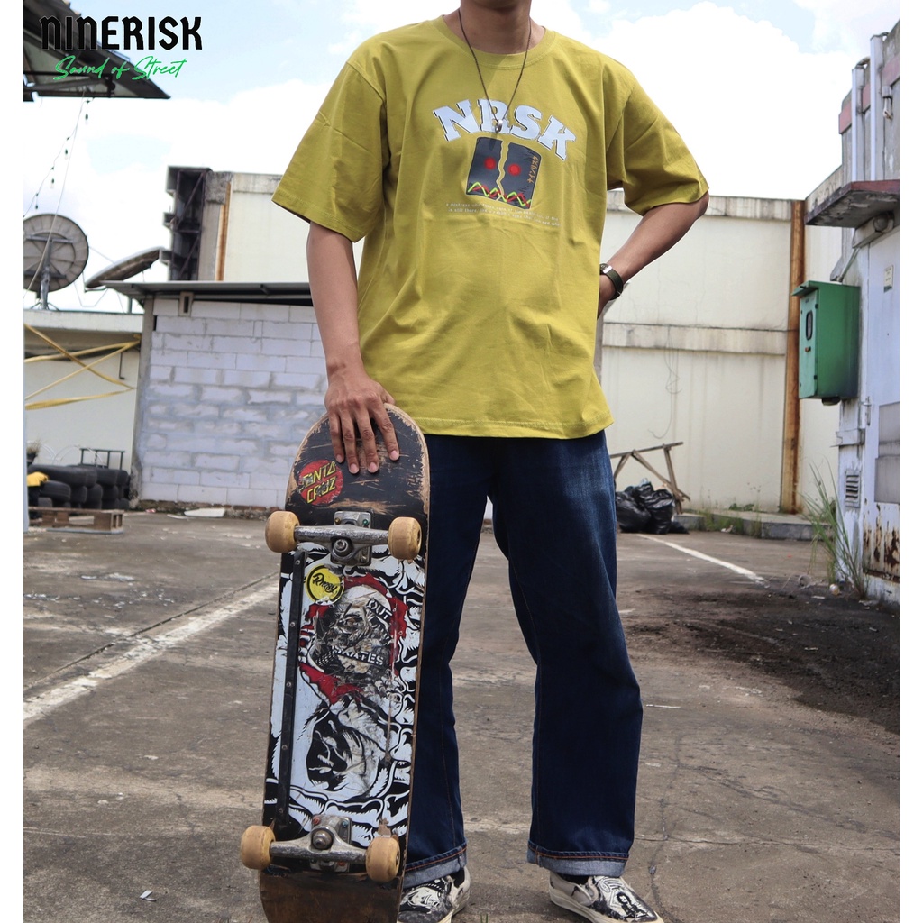 Ninerisk Baju Oversize Pria Robbo Hijau Lime Kaos Oversized Kasual T-shirt Pria Wanita Simple