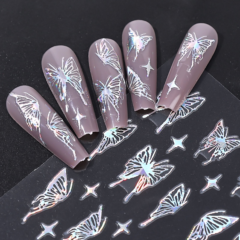 Laser Emas Perak Kupu-Kupu Stiker Kuku Hologram Berongga 3D Kupu-Kupu Kuku Sliders Dekorasi Musim Semi Musim Panas Manicure Art Design