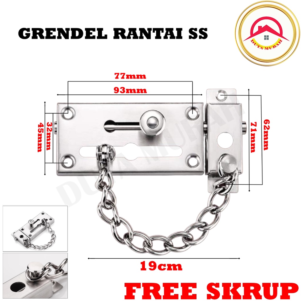 Grandel Rantai Satinless / Pengunci Pintu Kunci Selop Slot Kunci / Selot Rantai Stainless /  Grandel Pintu Hotel