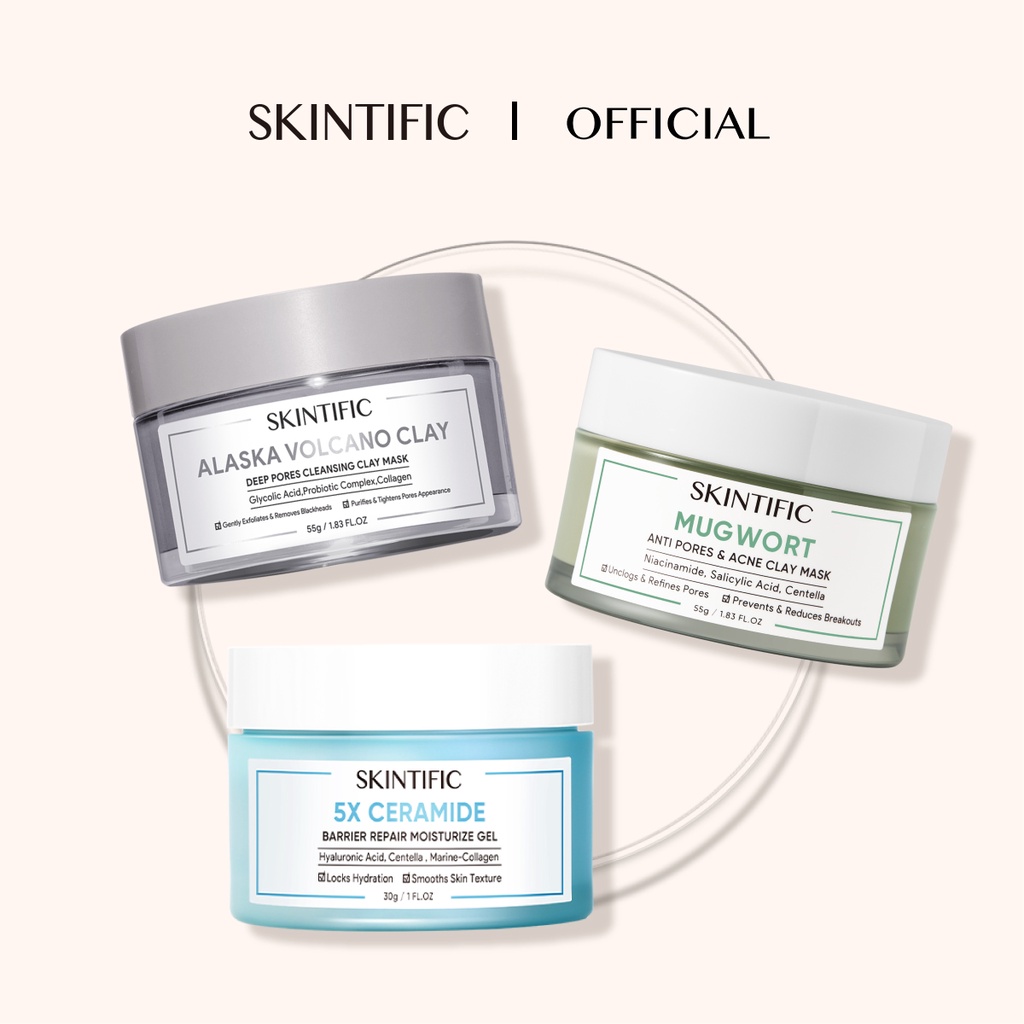 SKINTIFIC 3pcs Facial Care set Deep Pores Cleansing and Barrier Repair 5X Ceramide Moisturizer + Volcano Clay Mask + Mugwort Mask [BPOM]