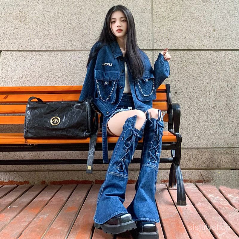 Celana pendek denim pedas cocok untuk wanita 2022 jatuhnya desain jalan retro baru rasa jaket denim