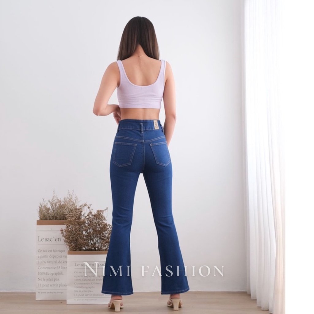 NIMI - Ivey HW Celana Jeans Cutbray Highwaist Stretch Wanita Denim Blue