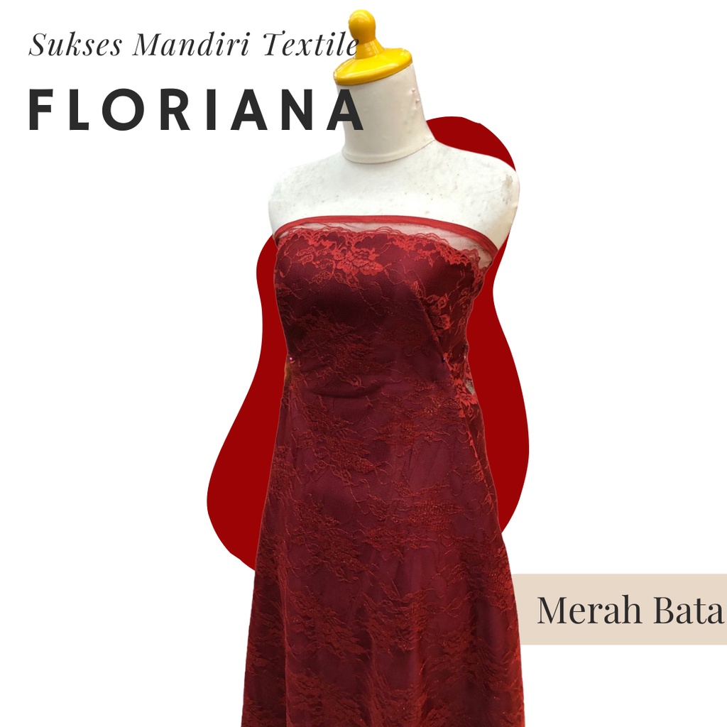[FLORIANA] Brokat Tulle (Tile) Metallic Bunga Couple Merah Bata | Lebar: 110 cm (Harga 1/2m = 50cm) 