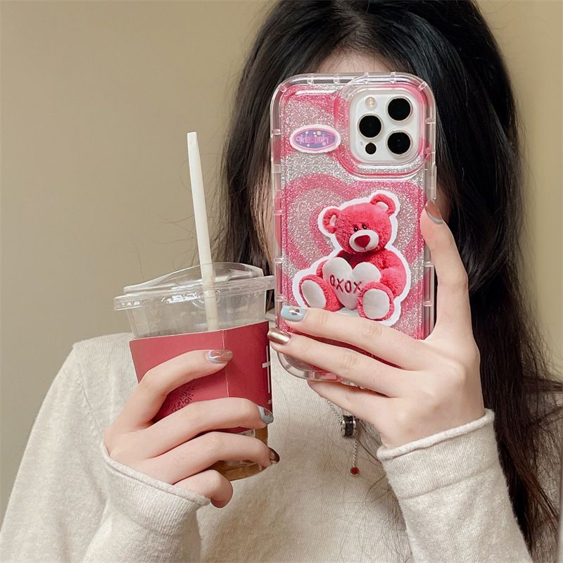 IPHONE Casing Ponsel Lembut Beruang Pink Lucu Kompatibel Untuk Iphone14 13 12 11 Pro XS Max X XR Casing Transparan Shockproof7 8 6 6S Plus Cover TPU