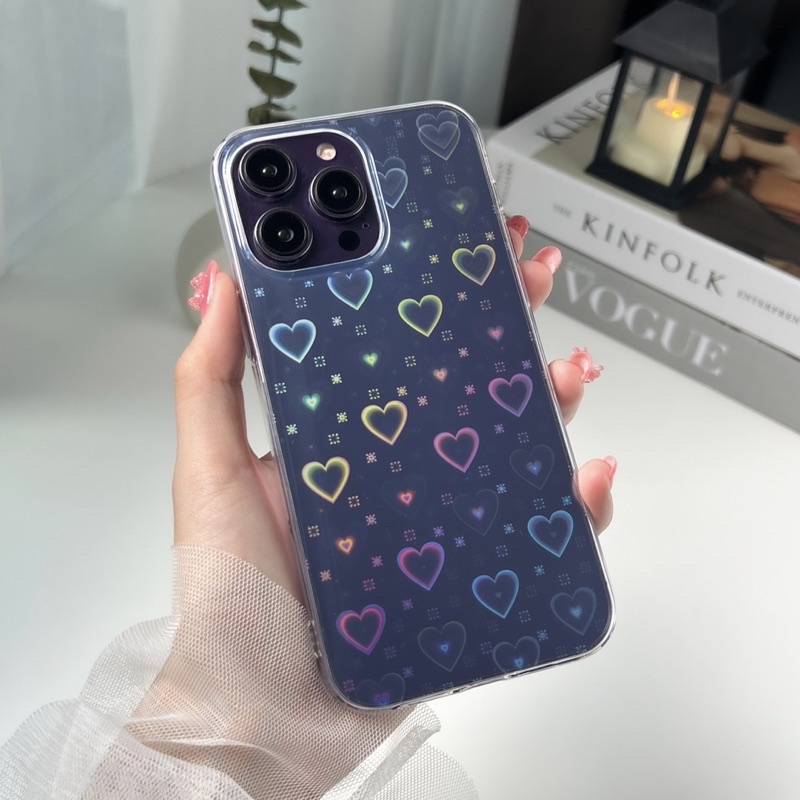 Case Transparan Motif Hati Warna Gradasi Laser Untuk iPhone 14 Pro Max 11 12 13 Pro Max X XS XR 7 8 Plus SE 2020