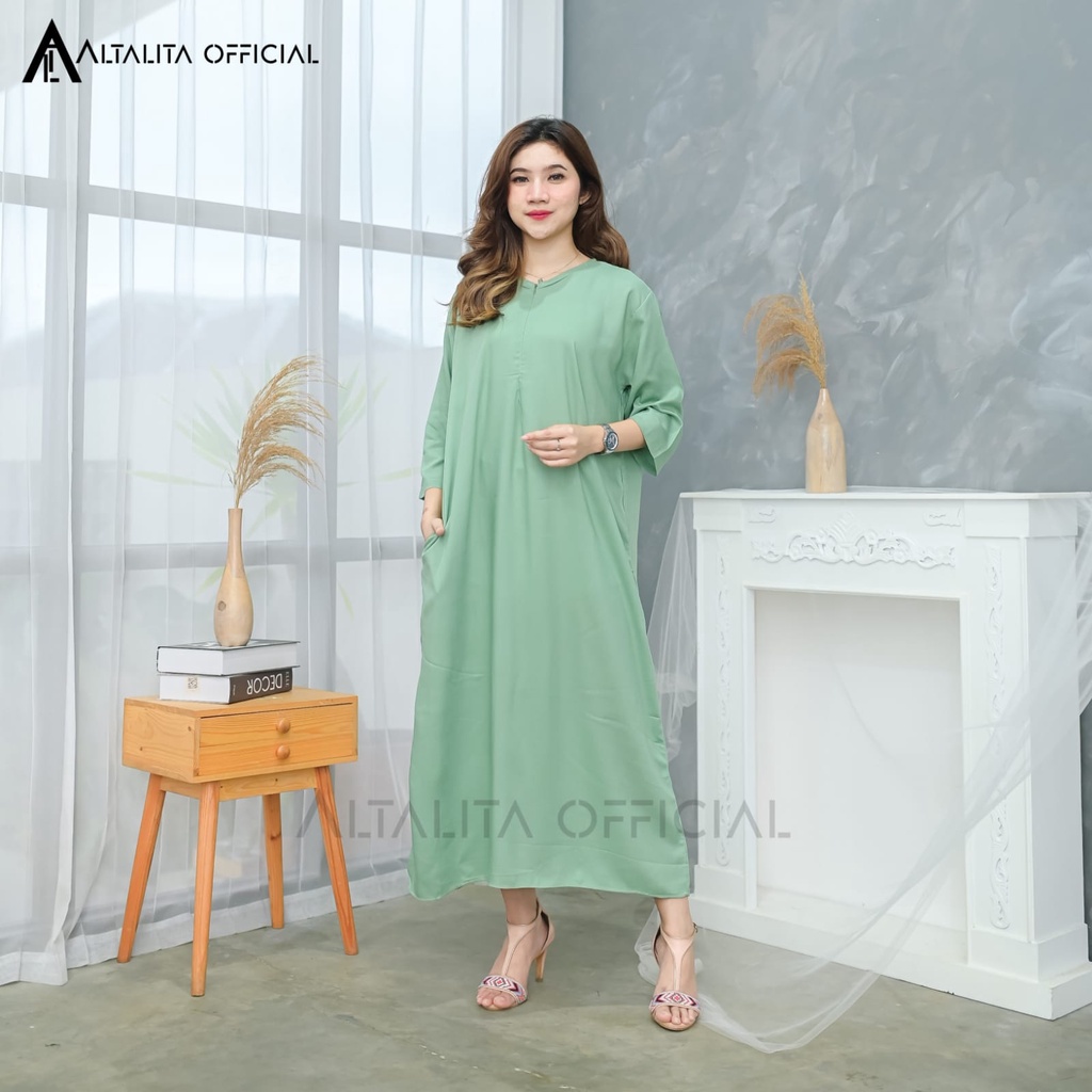 Altalita - Daster Polos Panjang Lengan Tangan 3/4 Semata Kaki Busui Home Dress Gamis Rayon Polos Jumbo LD 120 Long Dress Polos Tangan Panjang Bahan Katun Rayon Adem Tebal Premium