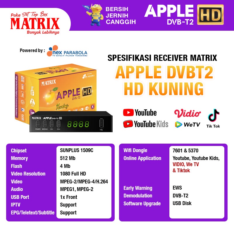 STB Matrix Apple Box HD Digital DVB T2 Dengan Remote Dan Bisa Youtube