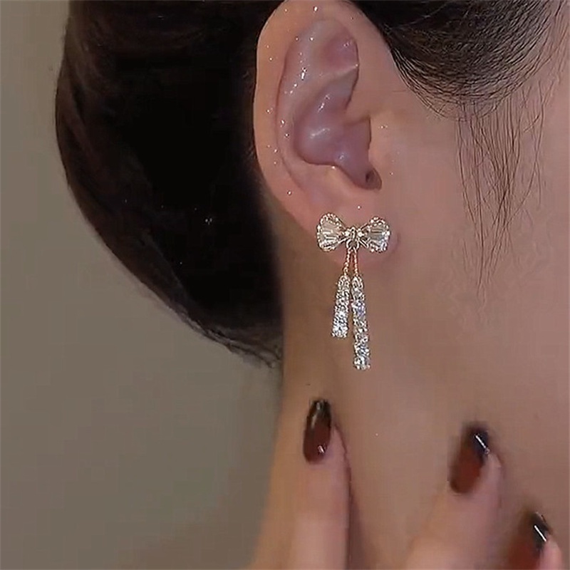 Fashion Korea s925 Perak Jarum micro Hias Busur Zirkon Wanita Kristal Anting Pernikahan Perjamuan Perhiasan