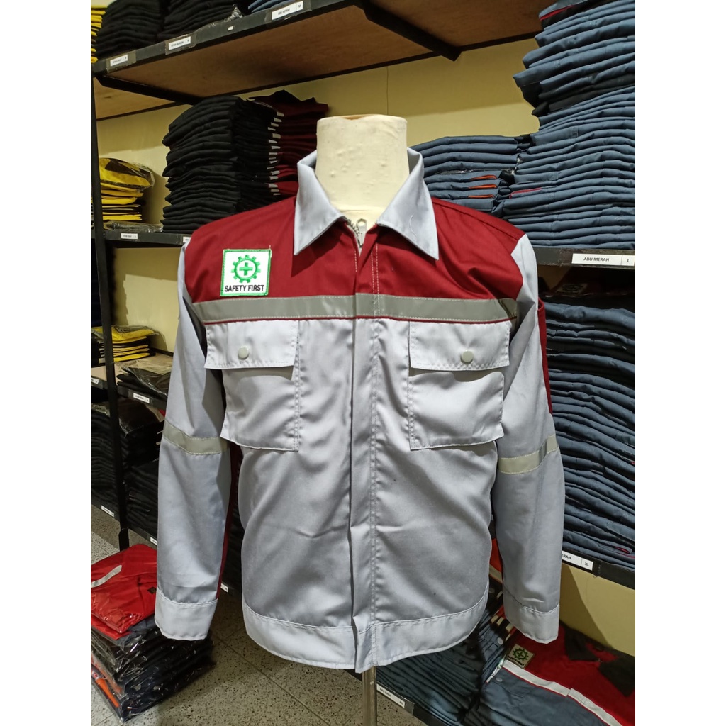 Star Wearpack - Baju Seragam Kerja  Lengan Panjang Warna Abu Muda Kombinasi Maroon