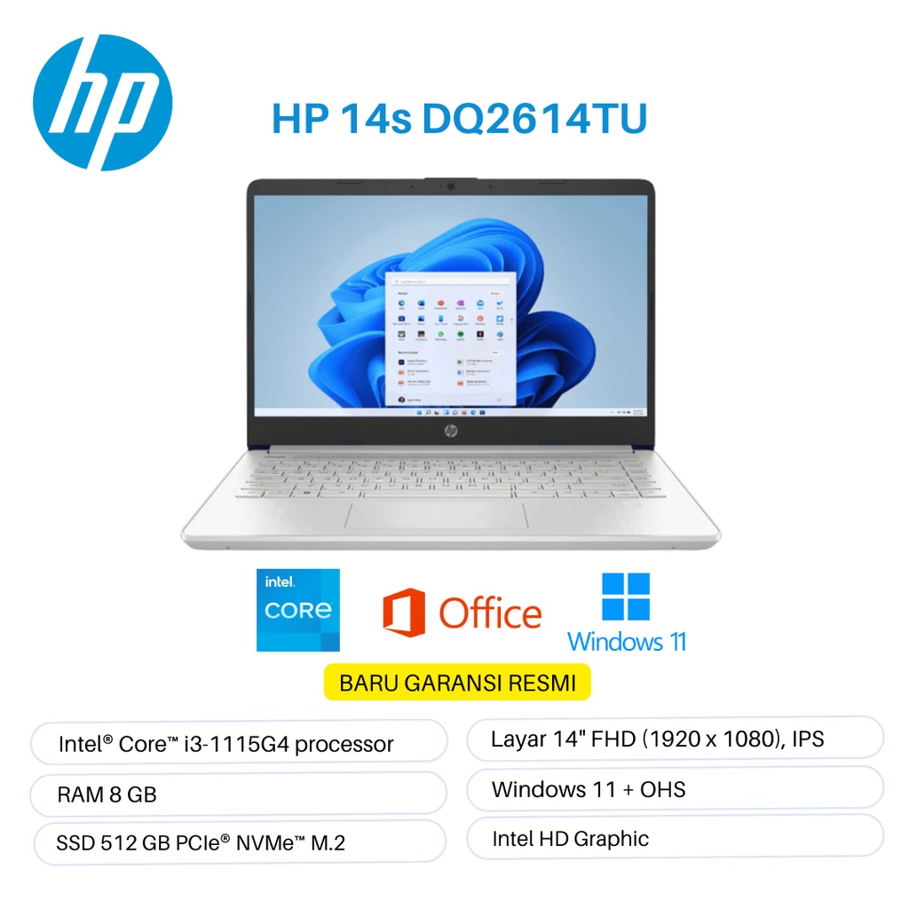 LAPTOP HP 14S DQ2614TU Intel® Core™ i3-1115G4 Ram 8 Ssd 512 14&quot; Baru Garansi Resm