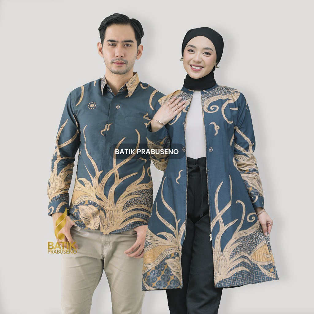 Batik Pria Wanita Motif SAMUDRA BIRU  Cauple  Printing Slimfit Lengan Panjang Original Kemeja Atasan