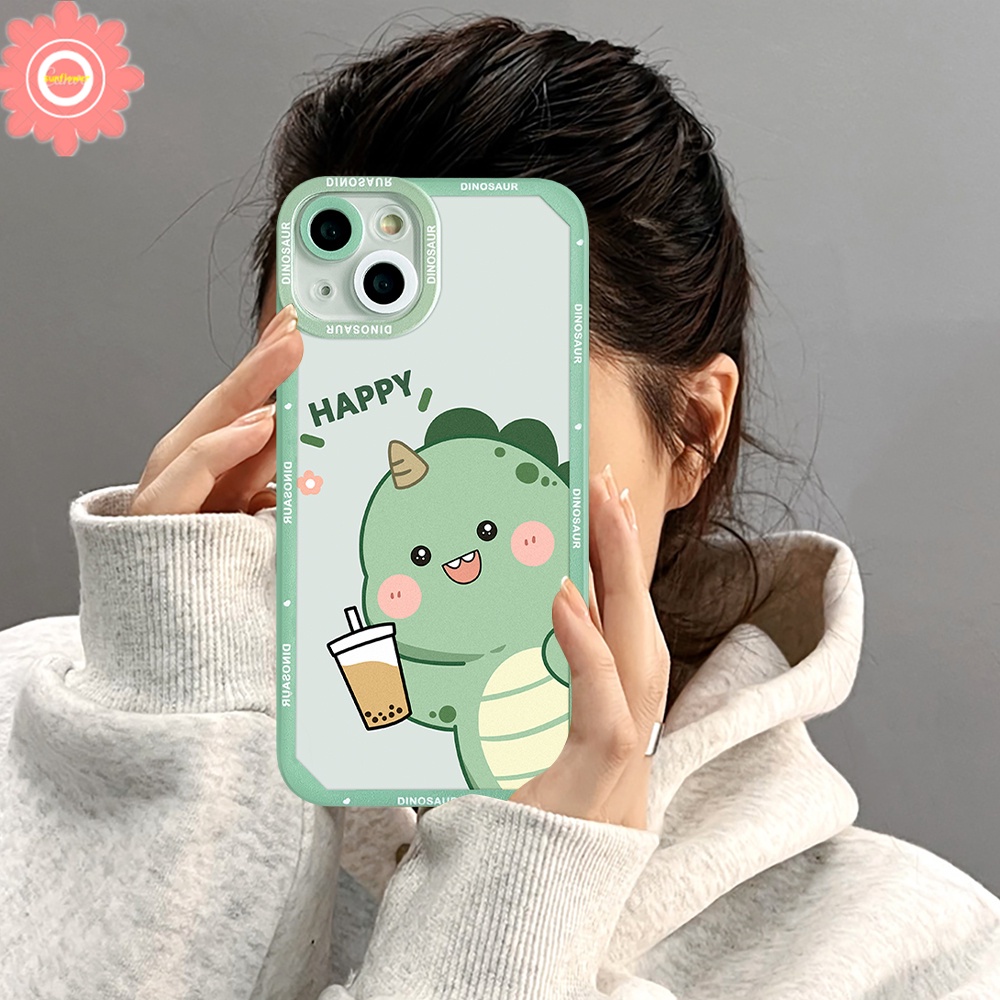 Cute Dinosaurs Drink Milk Tea Soft TPU Case Compatible For Iphone 7 8 Plus 6 6S iPhone 12 13 11 14 Pro Max Xr X Xs Max Se 2020 Lovely Cartoon Little Dinosaur Soft TPU Back Cover