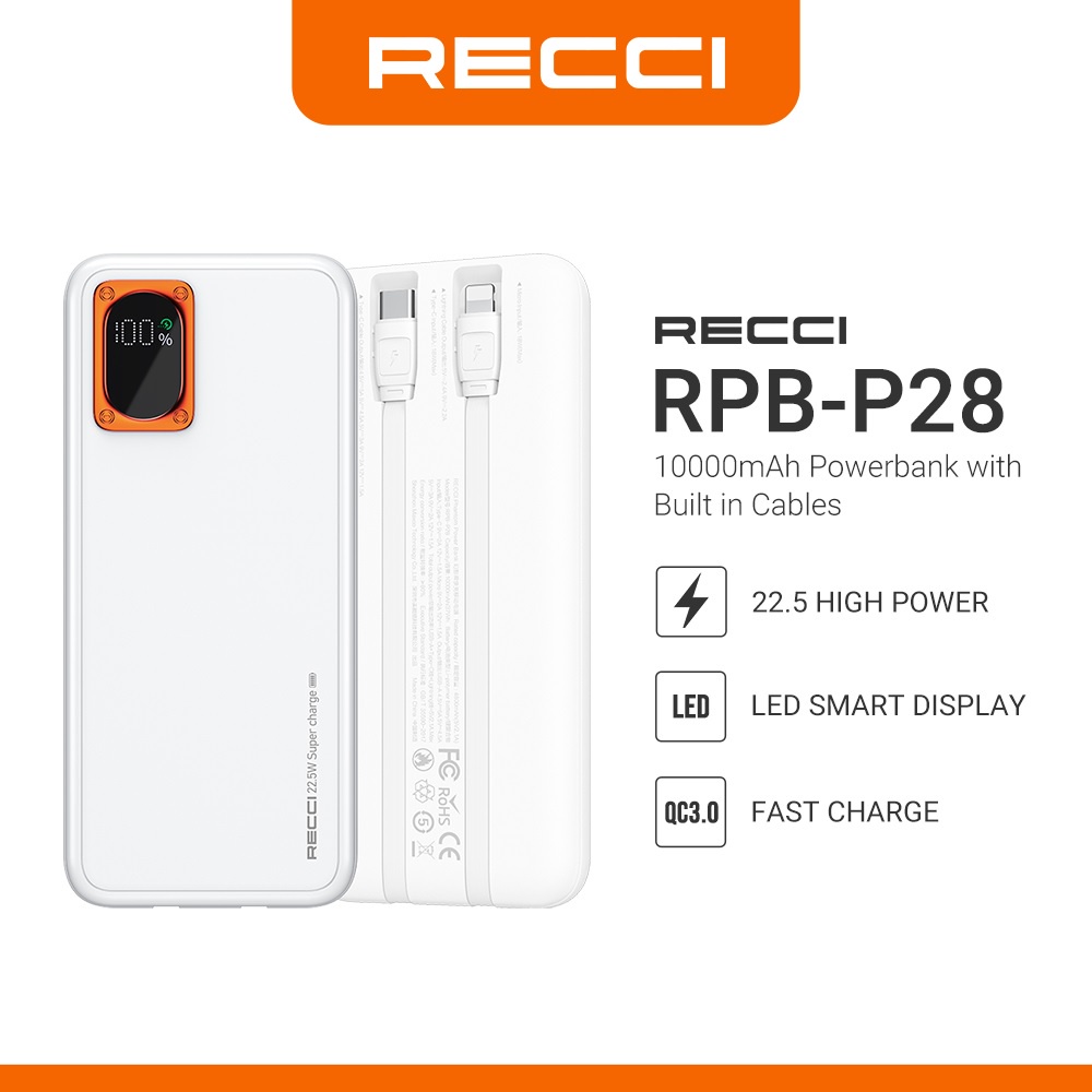 RECCI RPB-P28 PHANTOM 10000mAh Powerbank - 2 Built-in Cables - PD20W