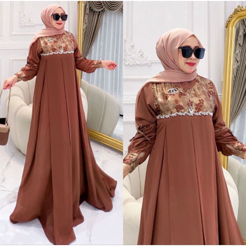 DRESS ANISA BAHAN FUL CERUTY ARMANI BABYDOLL MIX DIOR SILK APLIKASI PAYET SWAROSKI